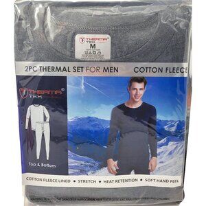 Men Thermal Long Johns Warm Underwear Set, 100% Cotton Fleece, Dark Grey